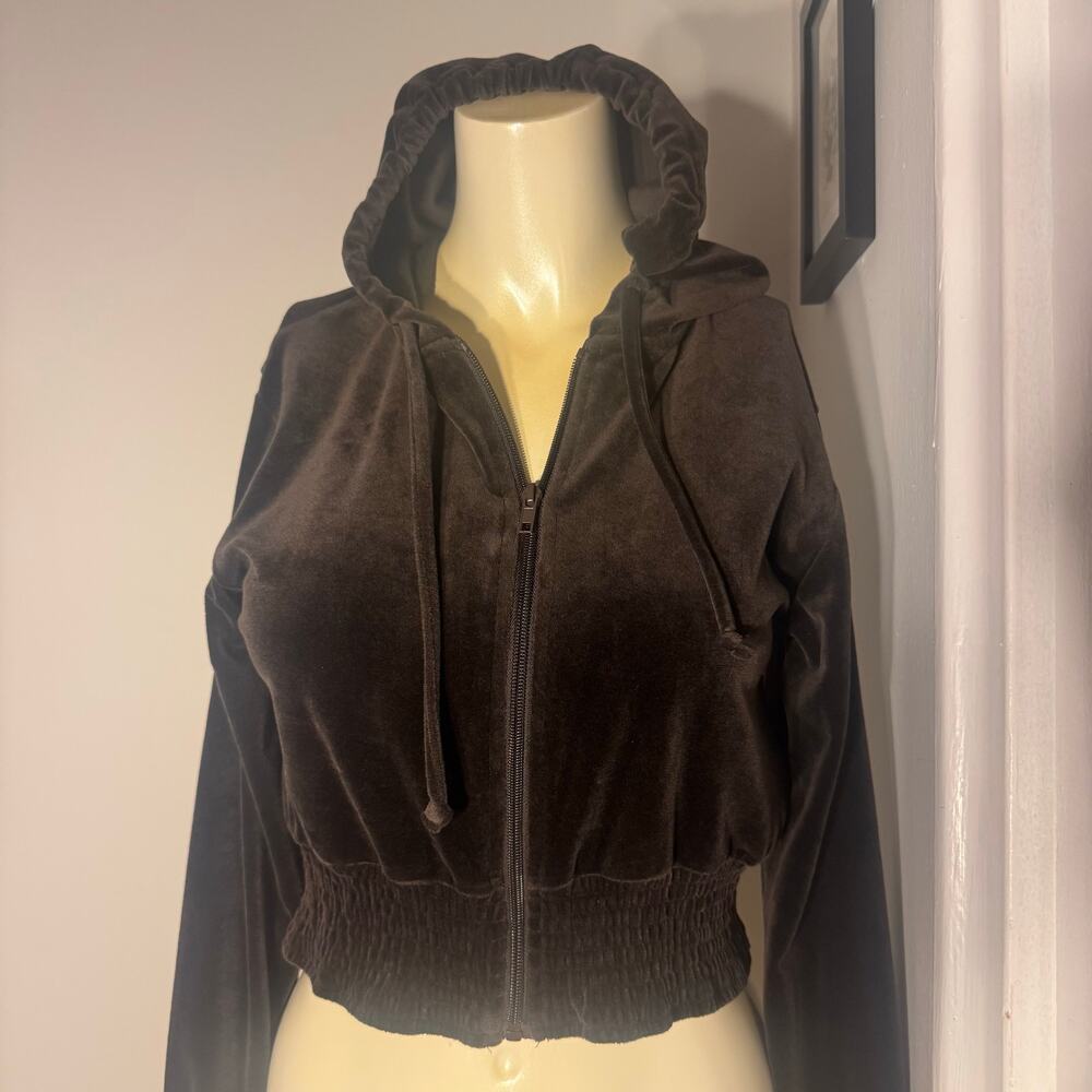 Alya Size Small Y2k Brown Velour Long Sleeve Cropped Hooded Soft Zip Up Hoodie